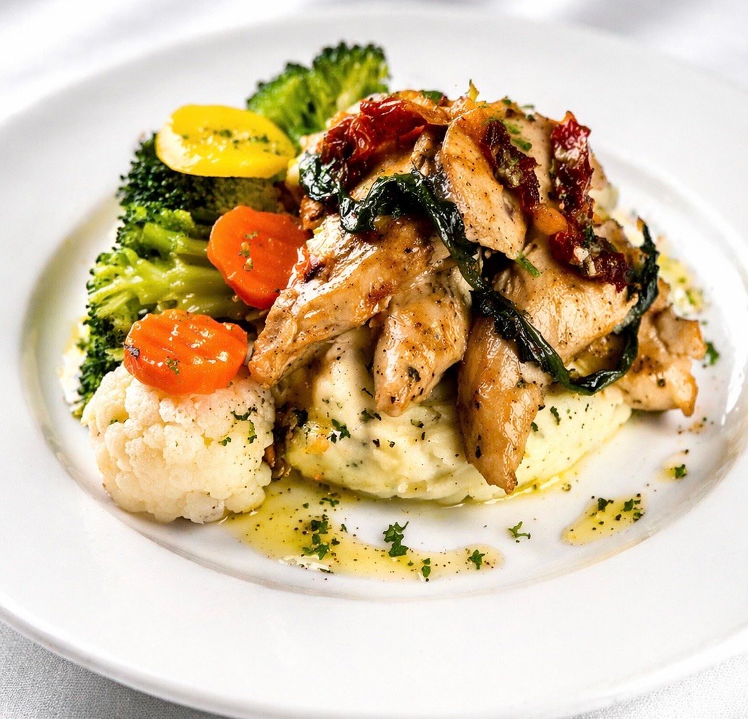 Braised chicken with mashed potatoes and vegetables
