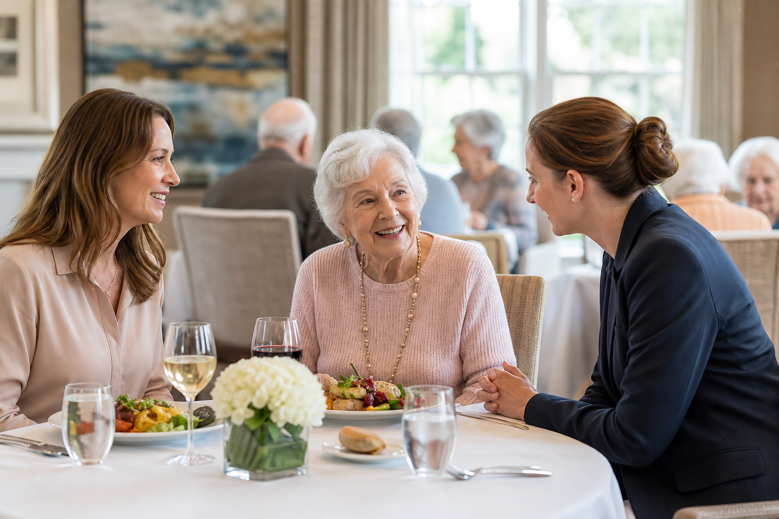 Adult Daughter Tours Senior Living Community with Elegant Dining Experience