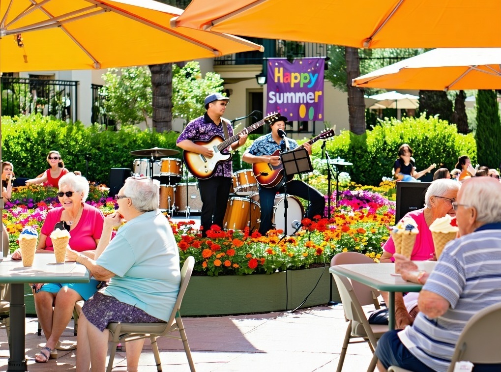 The image depicts a lively summer scene at Santa Anita Assisted Living showcasing a beautifully landscaped garden courtyard filled with residents enjoying various activities In the foreground a group of seniors is seated at colorful tables under larg-1-1