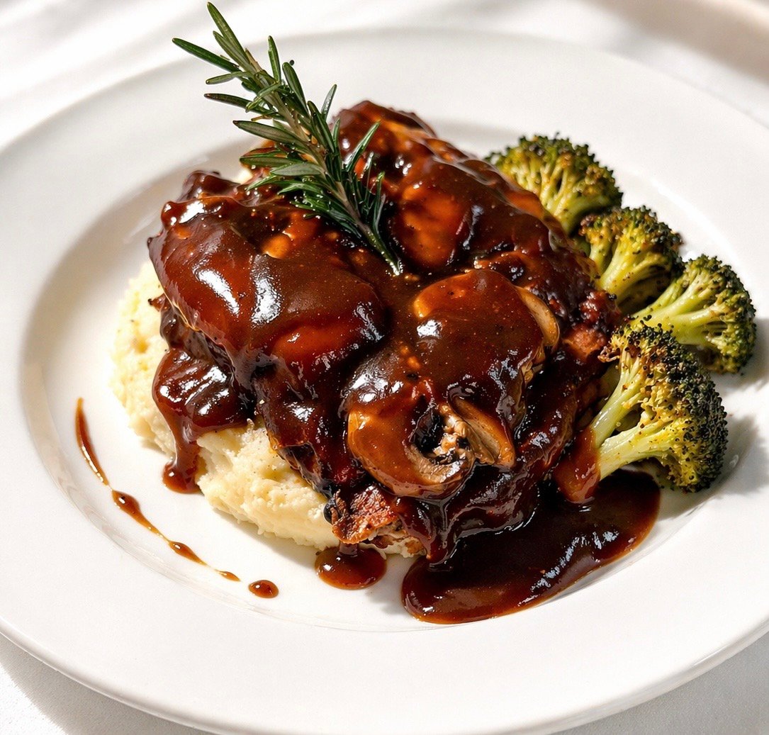 Glazed beef with broccoli and mashed potatoes