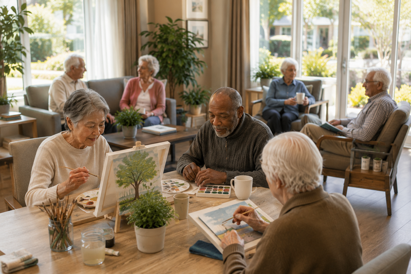 Residents enjoying engaging art activities and social connection at Covina Court Senior Living, an assisted living community in Covina, California.