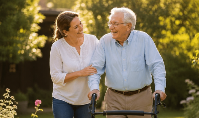 Caregiver helping a senior with memory loss walk safely outdoors in a garden setting