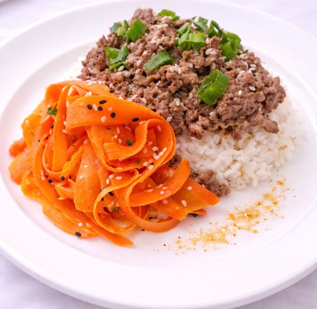 Carrot pasta with ground meat and rice