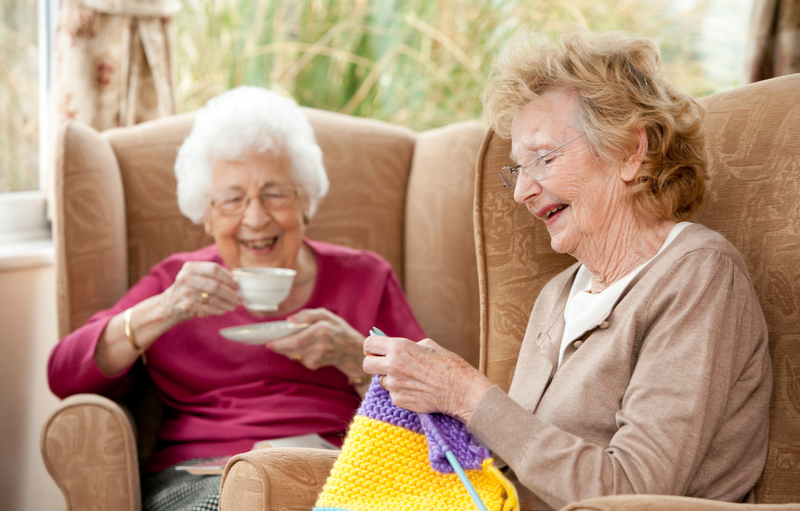 Two senior women enjoying tea and knitting together in a memory care living room